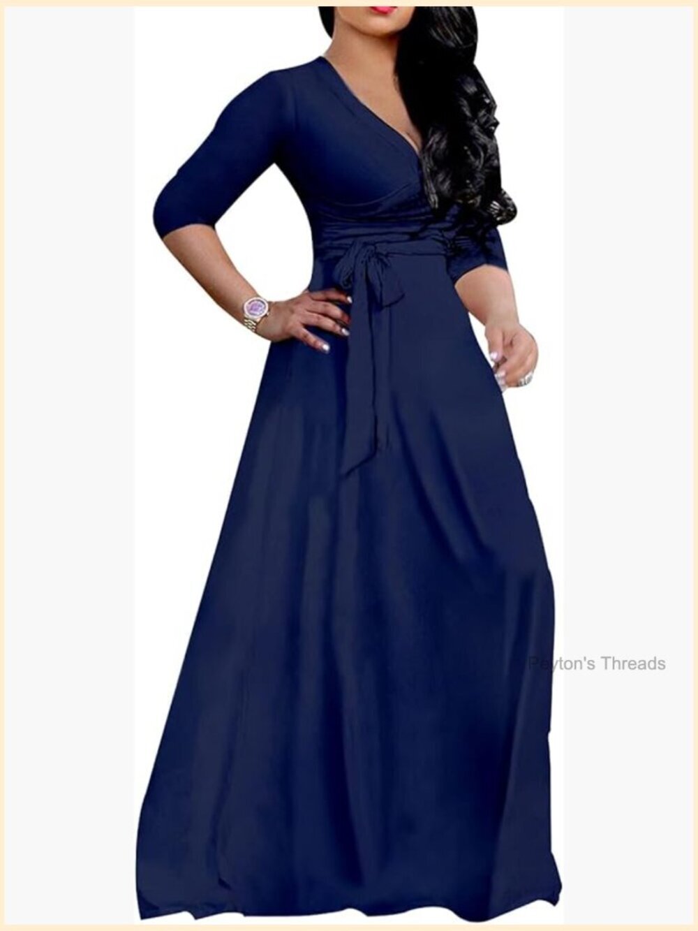 Plus Size Maxi Dress with Pockets 3/4 Sleeves Wrap V-Neck Sundress